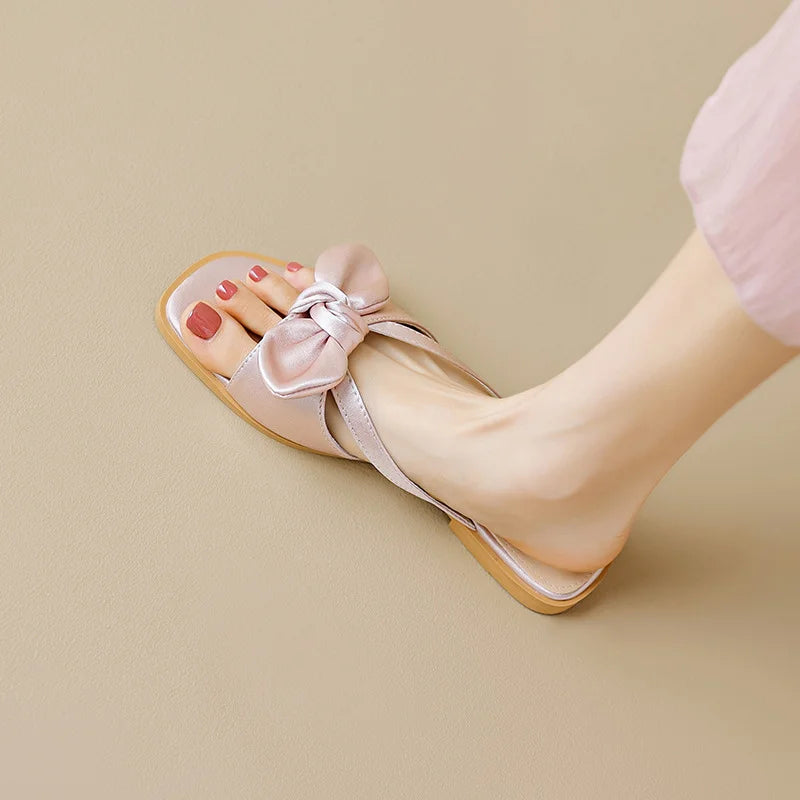 Lizakosht New Slippers Women Satin Bow Flat Bottom Fashion Silk One Word Muller Sandals Slippers Apricot Pink