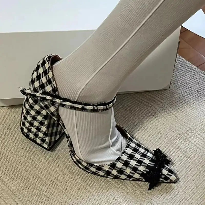 Lizakosht New Version Of Wild Thick-heeled pointed bow French Retro Mary Jane Shoes Trend High-heeled lattice Shoes Party Wedding Spring