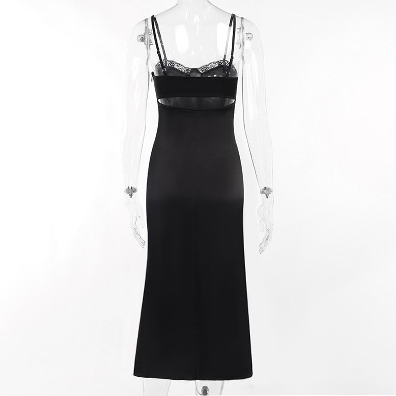 Elegant Sexy Transparent Lace Strap Dress Sleeveless Backless Deep V Evening Party Dress Summer Slim Black Long Sundress