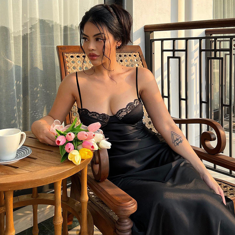 Elegant Sexy Transparent Lace Strap Dress Sleeveless Backless Deep V Evening Party Dress Summer Slim Black Long Sundress