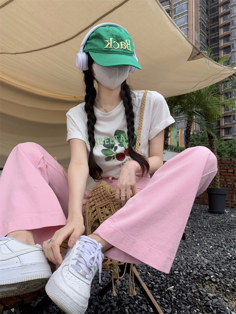 Lizakosht  Pink Flare Pants Woman High Waist Y2k Pants Female Love Korean Clothes Bell Bottom Pants Woman Trousers Summer