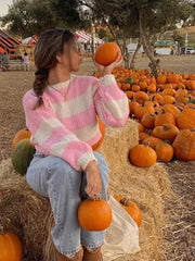 Lizakosht Pink Stripe Knit O-neck Elegant Women Pullover Lantern Sleeve Ribbed Cuff Cute Soft Warm Sweater Autumn Female Chic Casual Tops