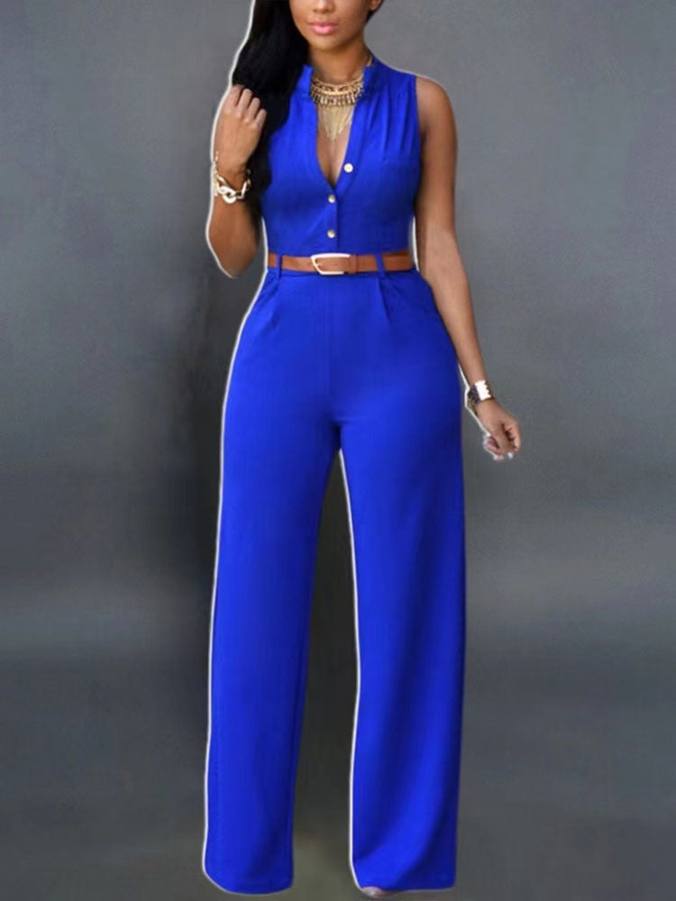 Lizakosht  Women Casual Sleeveless One Piece Romper Office Sexy V-neck Shirt Jumpsuit Fashion Wide Leg Trousers With Belt Playsuit Overalls