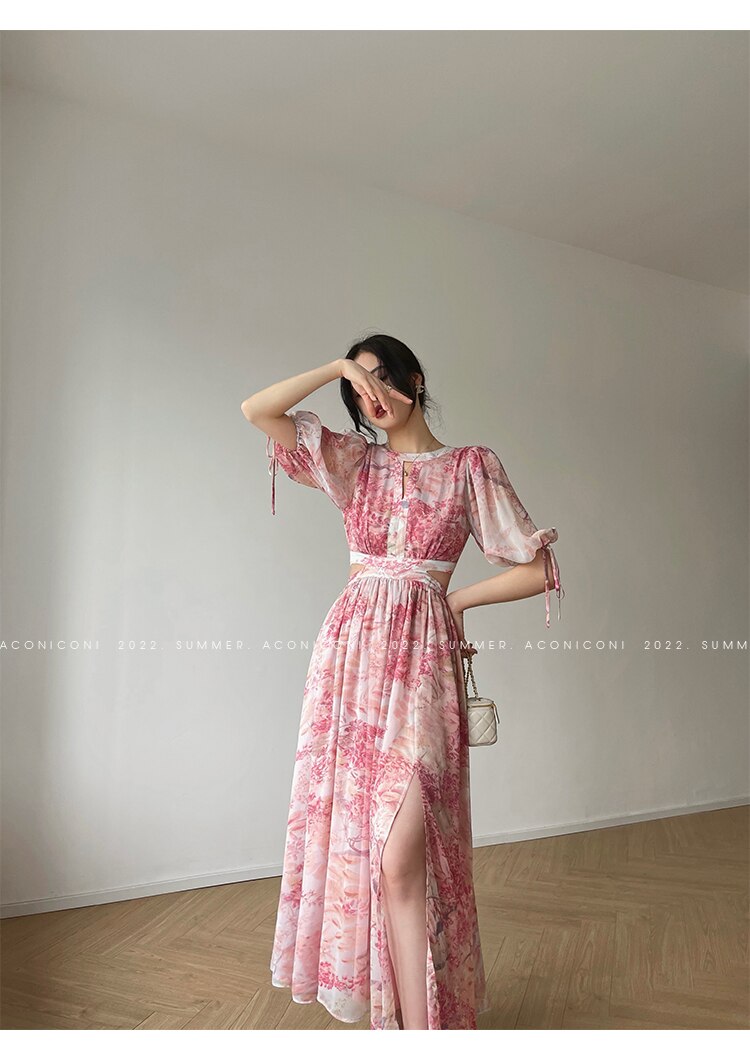 Lizakosht Mid-Length Dress Women Fashion O-neck Ladies Floral Elegant Puff Sleeve Slim Casual Printed Dress 2023 Summer Female Clothing