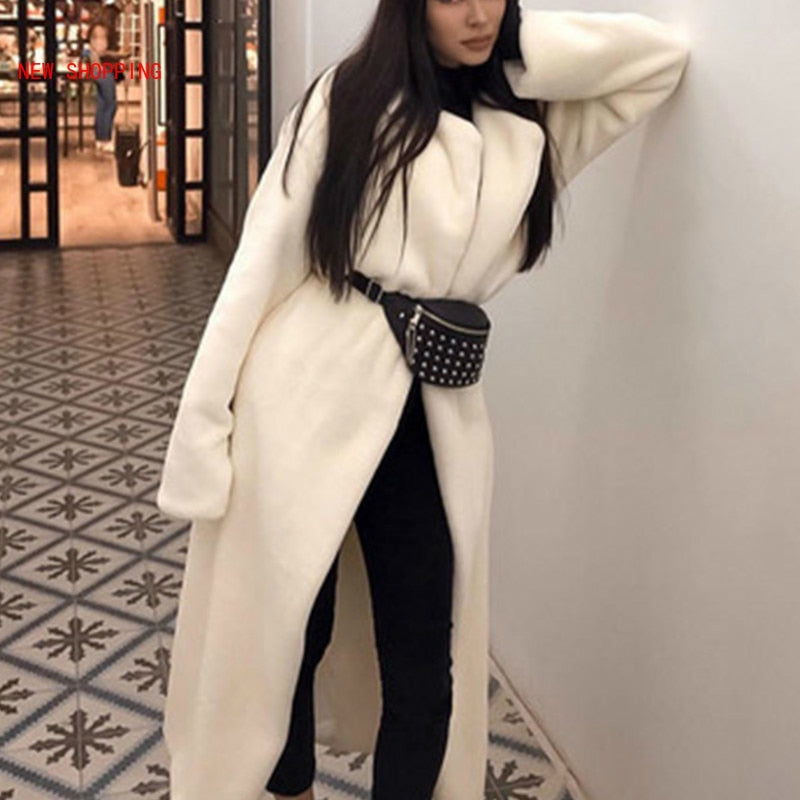 Lizakosht White Teddy Coats Elegant Long Shaggy Trench Women Furry Jackets Fluffy Artificial Fur Coat Faux Fur Jacket Winter Homewear