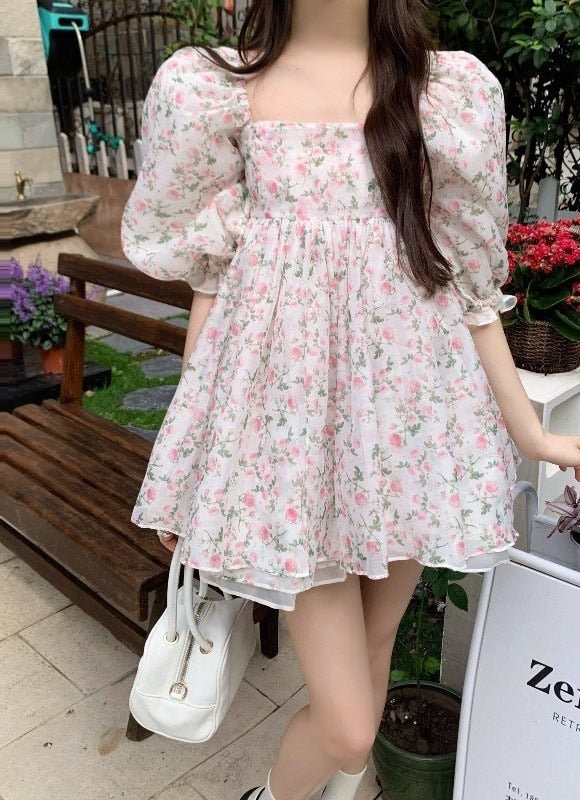 Summer Women Dress Both-Sides Wear Floral Print Chiffon Organza Dress Sexy Square Neck Puff Sleeve Party Prom Skirt Short Sweet