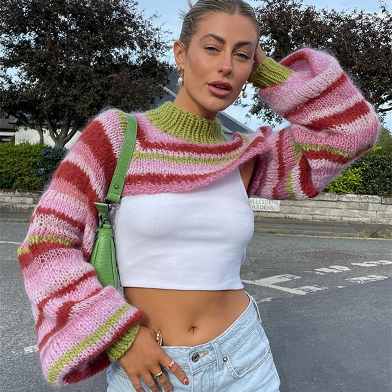 Lizakosht Women Knitted Shrug Sweater Y2K Vintage Striped Loose Long Sleeves Pullover Crop Tops 00s Retro Smock T-shirt Streetwear