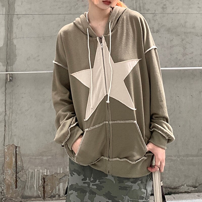 Autumn Hoodies Oversize Y2K Sweatshirts Women Star Hooded Sweatshirt Zipper Cardigan Loose Khaki Print Sweatshirt Coat Jackets