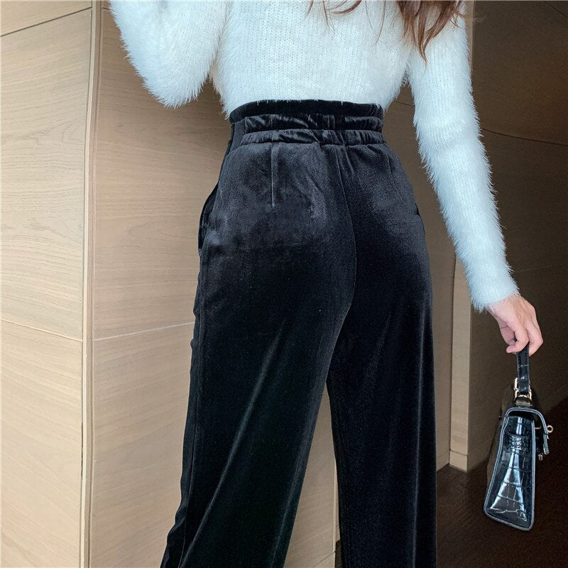 Lizakosht Winter Velvet Elegant Y2k Pants Women Solid Casual Korean Style Wide-legged Pants Loose Casual Designer High-waist Trousers