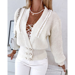 Lizakosht Pearls Frill Hem Knitted Cardigan Sweater Top for Women INS Y2K Clothes Long Sleeve V Neck Corset Knitwear