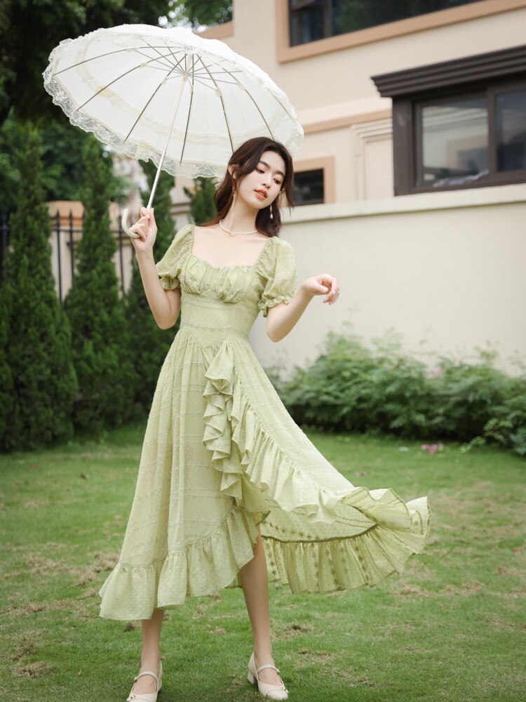 Lizakosht Summer Sexy Lady Green Dress Retro French Style Ruffles Asymmetrical Puff Sleeve Princess Dresses For Party Night Vestido Festa