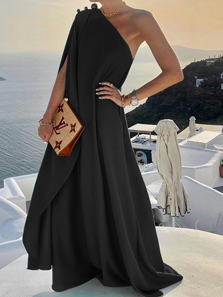 Summer Fashion Skew Collar Backless Beach Dresses Elegant Solid One Shoulder Big Hem Dress Women Irregular Loose Slit Maxi Dress