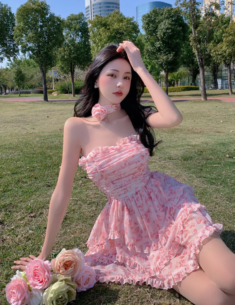 Casual Strapless Sexy Summer Dresses For Women 2022 Korean Floral Print Chiffon Beach Holiday Mini Dress Elegant Party Dress