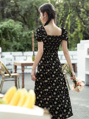 Lizakosht Summer Black Print Dress Woman Korean Chic Design Square Collar Puff Sleeve Sexy Slit Dresses For Party Vestido Negro Robe Noir
