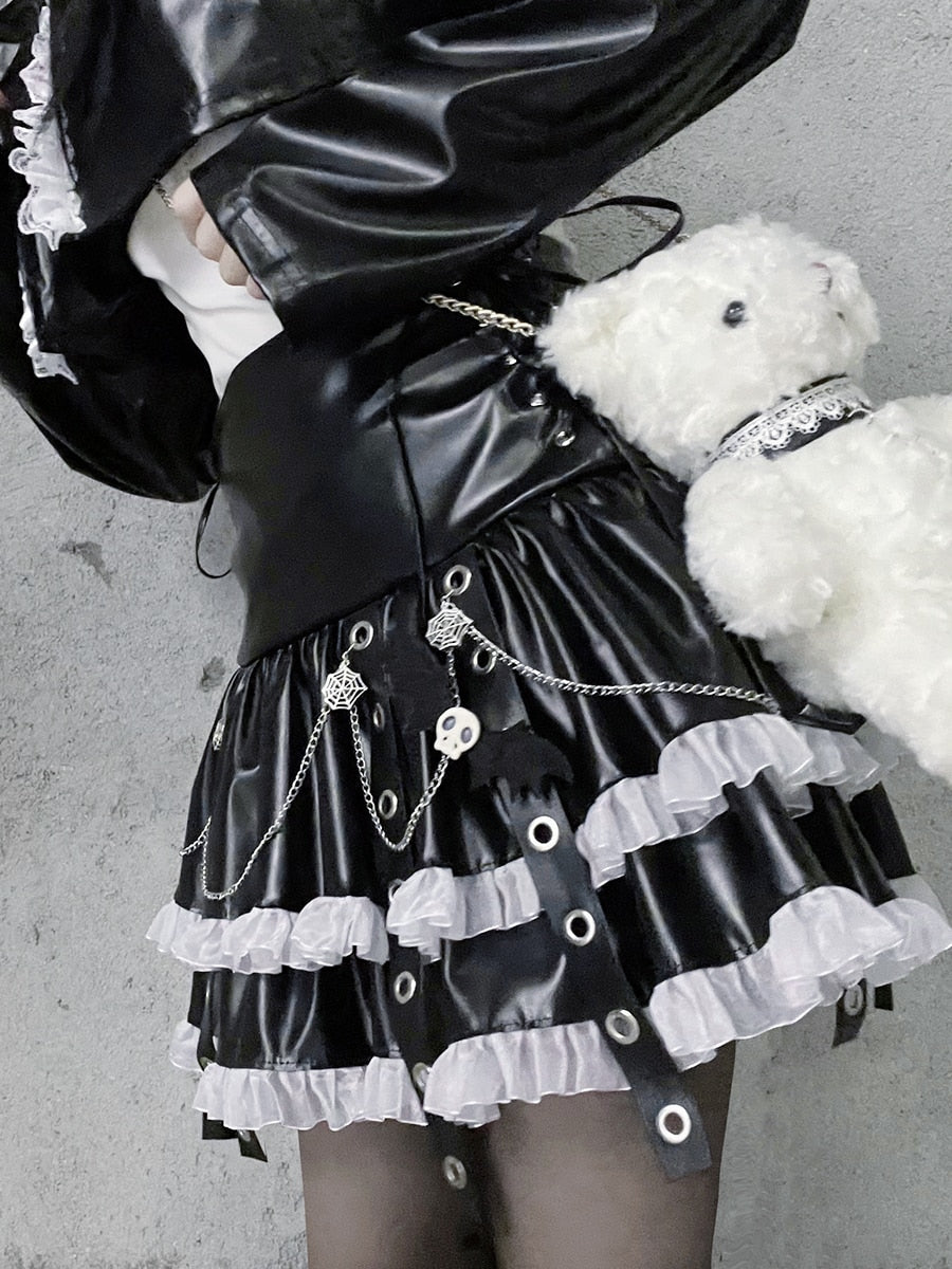 Lizakosht Spring Autumn Hot Girl Y2K Punk Harajuku Leather Skirt Lace A-line Skirt Hot Girl High Waist Gothic Punk Black Mini Skirt