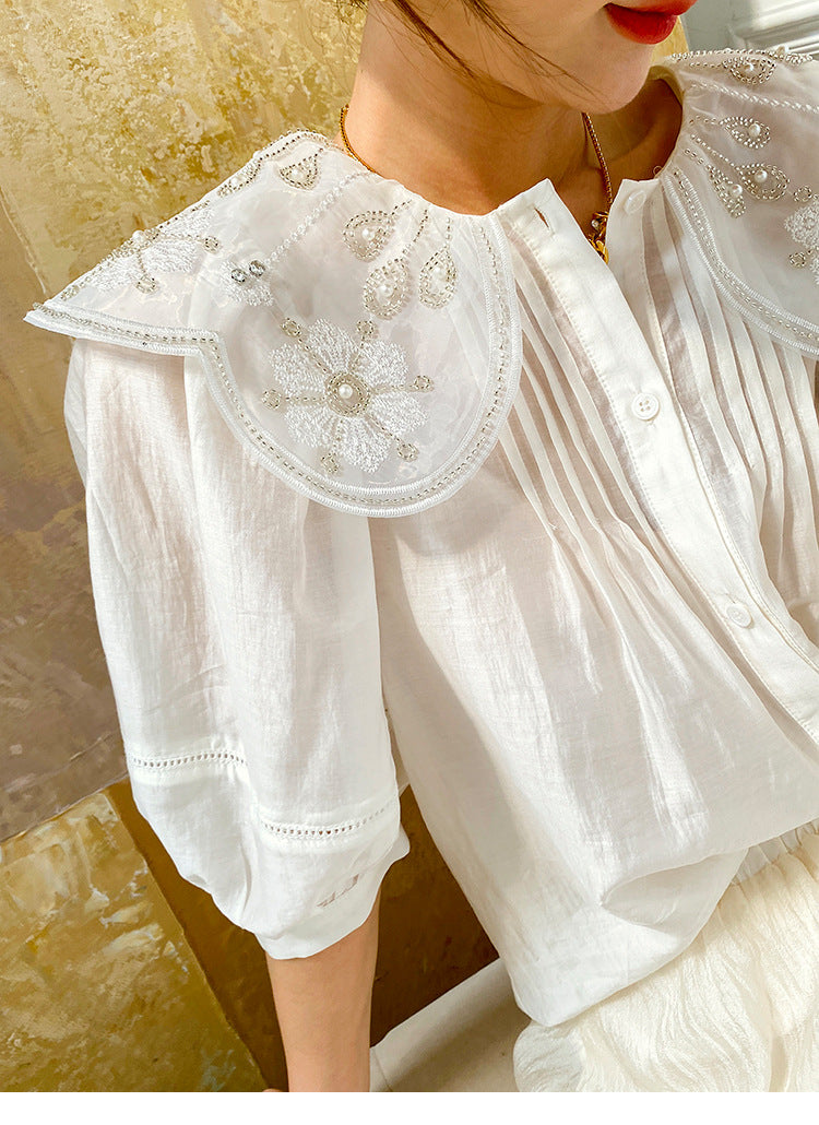 GypsyLady Elegant Chic White Blouse Shirt Loose Floral Embroidery Summer Women Blouse Lantern Sleeve Beading Office Ladies Tops