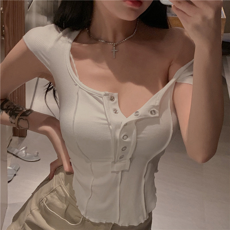 Irregular Waist Y2k T-shirt Short Slim Bottoming Summer T-shirt Square Neck Short Sleeve Crop Tops