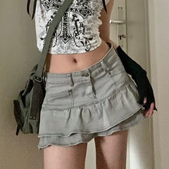 Lizakosht Grunge Y2k Denim Skirt Women Harajuku Style Gothic Low Waist Ruffle Patchwork Sexy Micro Mini Skirt E Girl Streetwear