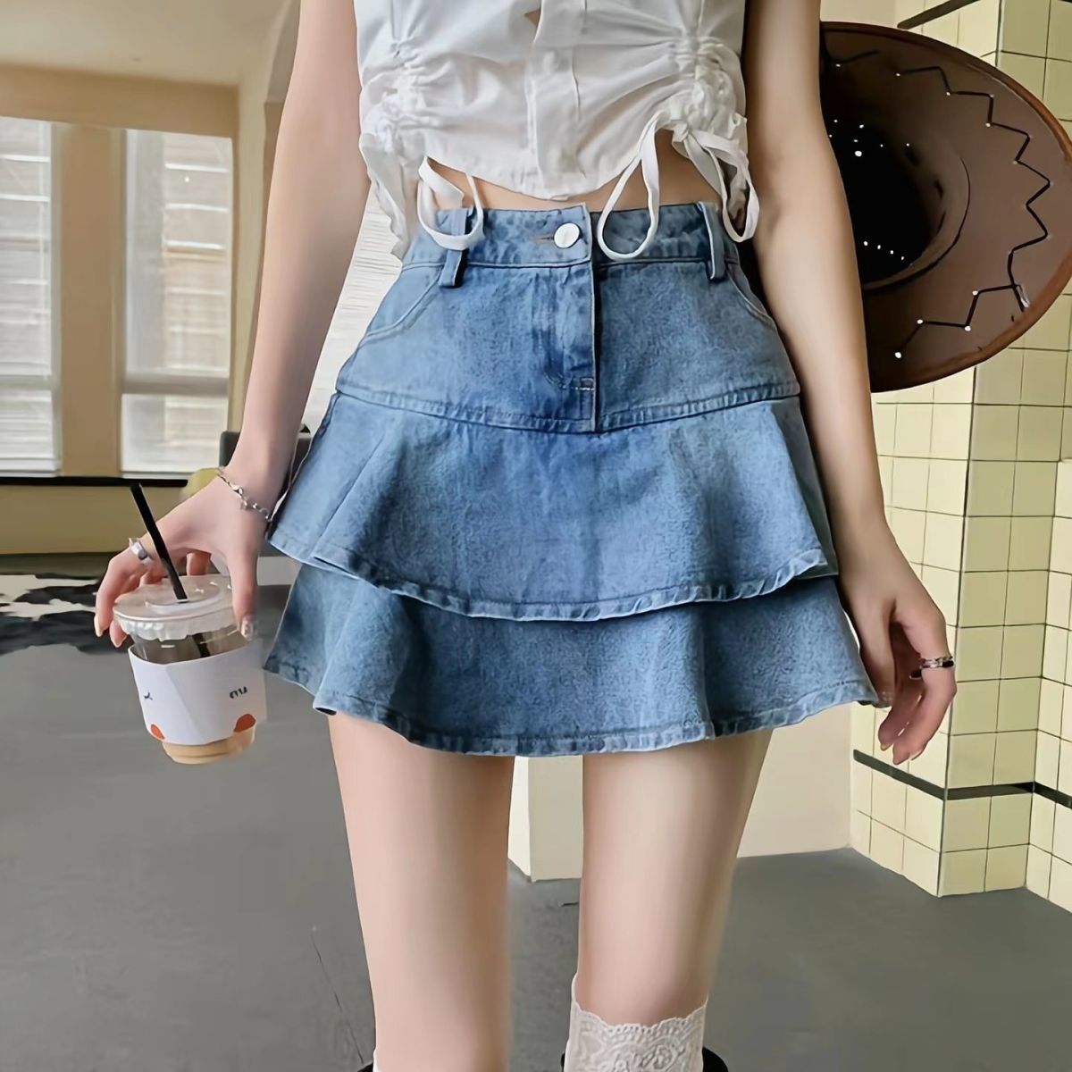 Lizakosht Double Layered Ruffled Denim Skirt for Women's Spring/summer 2023 A-line Short Skirt