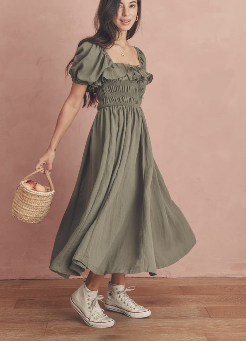 Lizakosht  Vintage clothes dress elegant midi dresses short sleeve square neck dress puff sleeve shirred dresses for women Summer