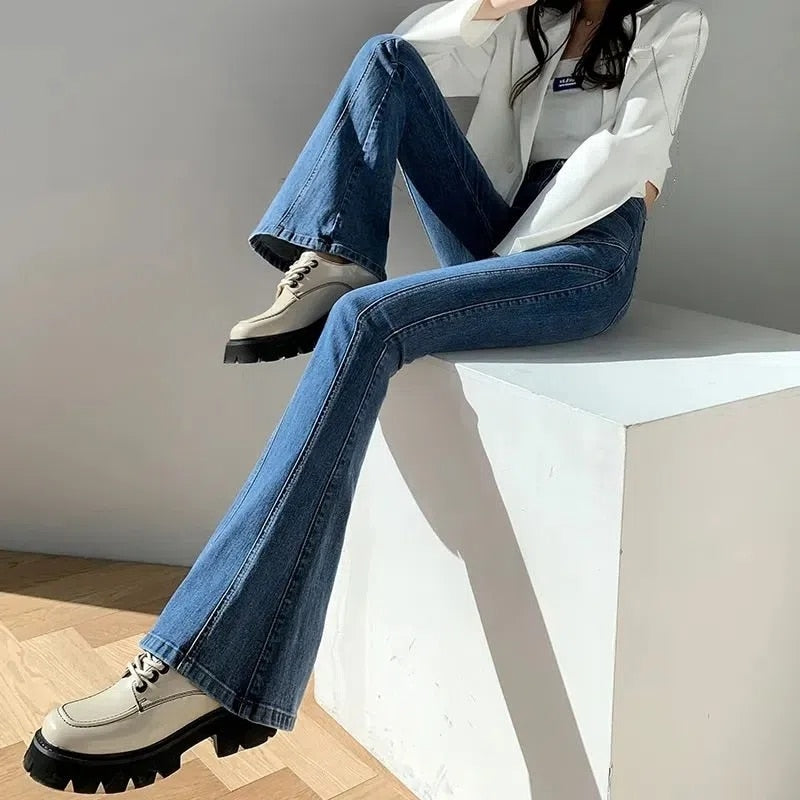 Lizakosht Y2k Women Harajuku Waist Loose Flare Jeans Bottom Straight High Waist Stretch Female Casual Comfort Flare Trouser