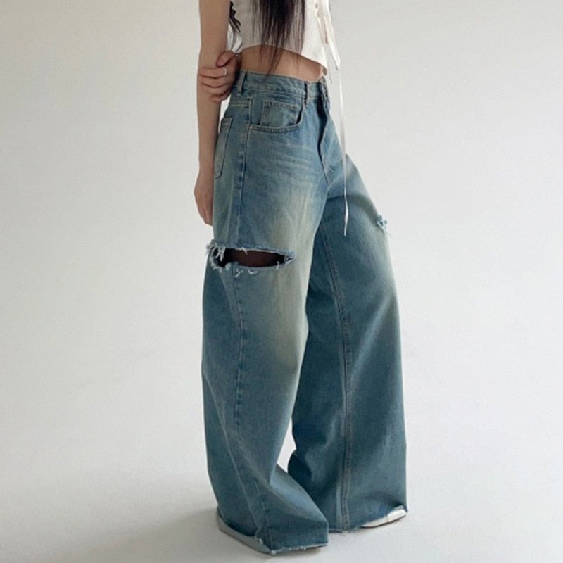 Lizakosht Fashion Hollowed Out Women Baggy Jeans Y2K Streetwear Retro Loose Wide-Leg Overalls Couple Casual Joker Mopping Denim Pants