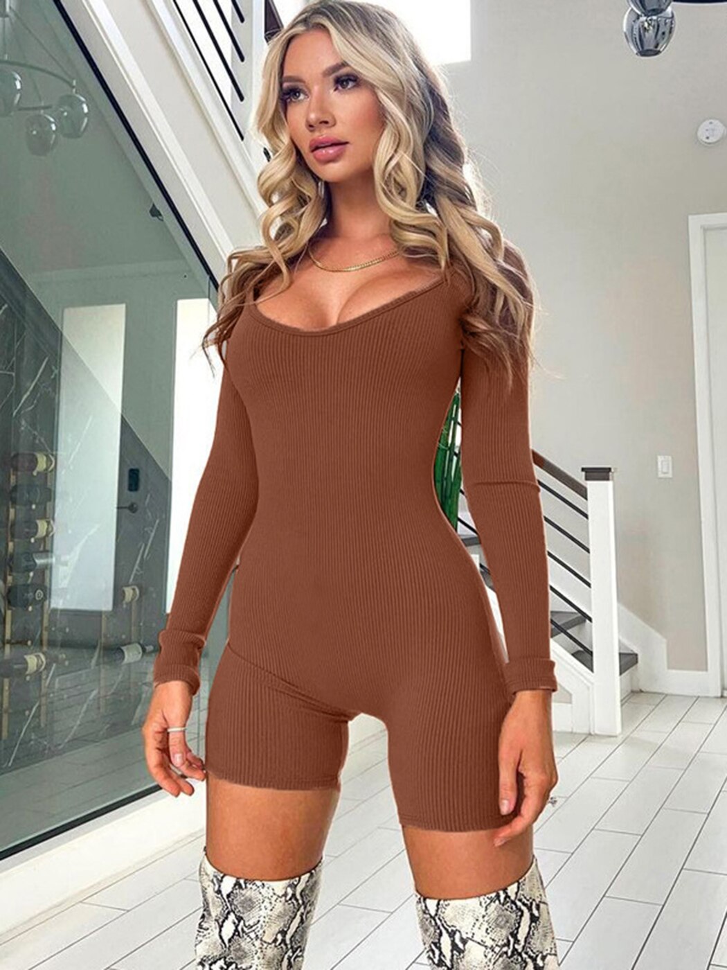 Lizakosht Fall Spring Basic Solid Ribbed Long Sleeve Playsuit Women Slim-fit Hip-lifting Sports Romper Casual Skinny One Piece 2023 New