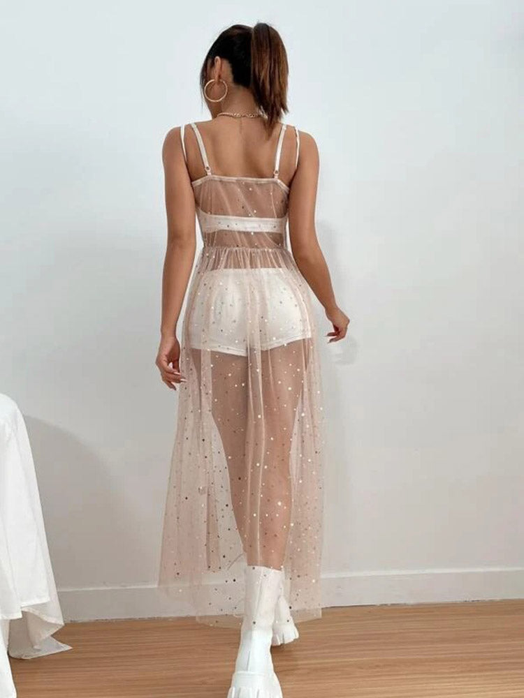 Lizakosht  Sexy Perspective Star Mesh Bikini Cover Up Dress Fashion Ins Style Street Sling Dress New Long Net Yarn Female Beachwear Dress