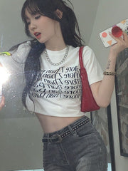 Lizakosht Twisted Letter Print Graphic Tees Women Y2k Crop Top Short Sleeve Korean 2022 Summer Grunge Aesthetic Tee Shirt Femme