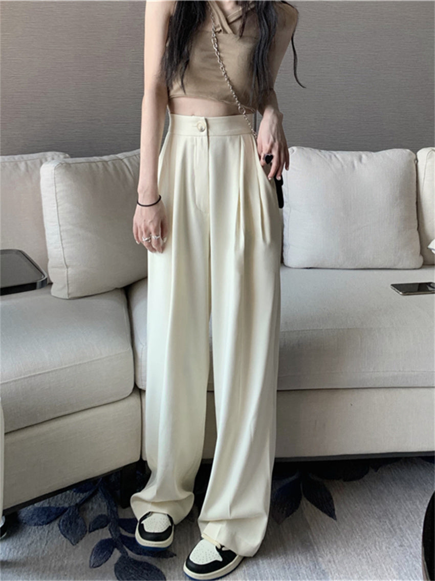 HziriP White Vintage Full Length Pants 2022 Women Solid Chic Summer Casual Office Lady Streetwear Loose High Waist Trousers