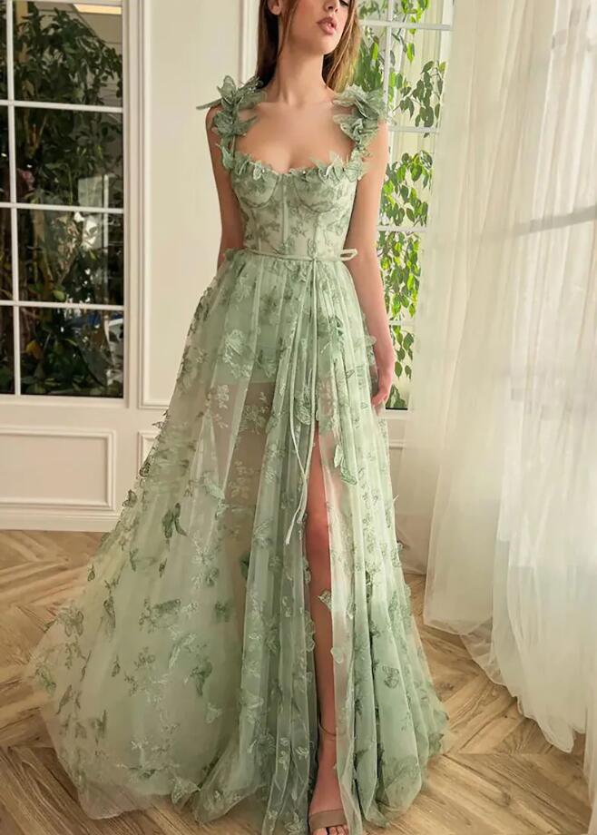 Lizakosht Green Lace Evening Dresses 2023 Hi-lo Spaghetti Strap A Line Front Slit Spaghetti Strap A Line with Belt Formal Party Prom Gowns