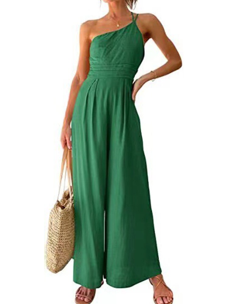 Lizakosht  Summer Solid Cotton Linen One Shoulder Jumpsuit Women Elegant Casual Wide Leg Pant Romper New Chic Fashion Playsuit Streetwear