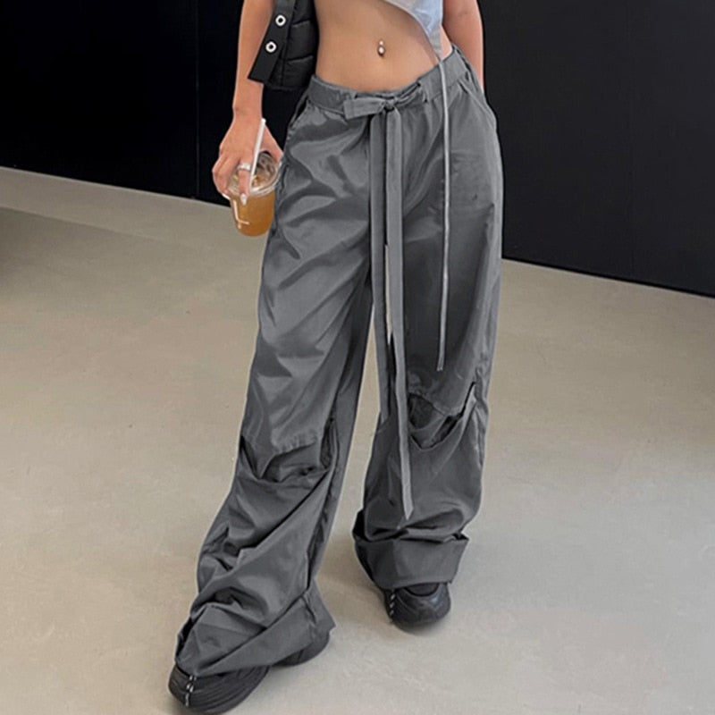 Lizakosht Lace-Up Baggy Y2k Cargo Pants Women Grey Straight Low Waist Hip Hop Parachute Trousers With Waistband BF Sweatpants Fashion