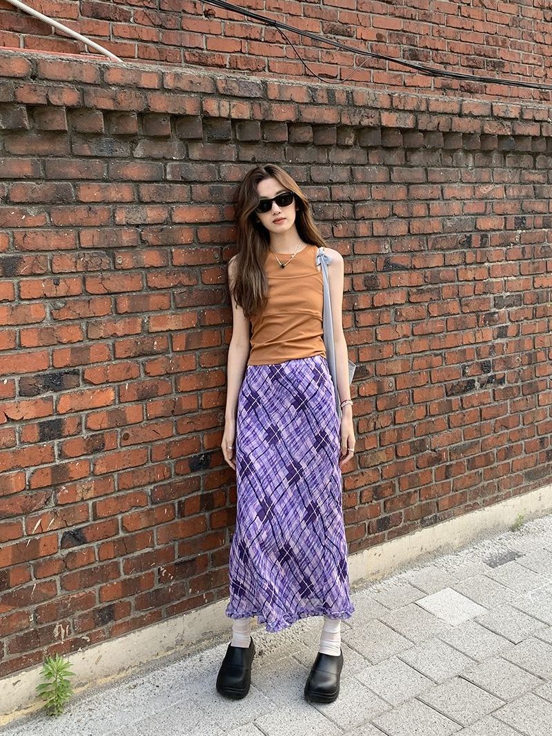 Lizakosht Women's Purple Plaid Straight Sleeve Long Skirt Summer Autumn New Fashion Chic Young Girl Contrast A-line Ankle-length Skirt 4XL