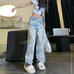 Lizakosht American Retro Fashion Y2k Streetwear Denim Jeans Belt Design High Waist Baggy Jeans Femme Straight Wide Leg Pants Women