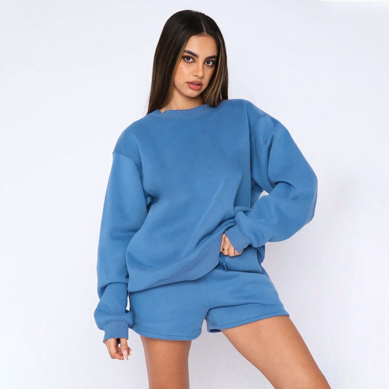 Lizakosht Tracksuit Women Two Piece Set Long Sleeve Sweatshirt Short Pants Autumn Outfits Cotton Solid Female Shorts Suit