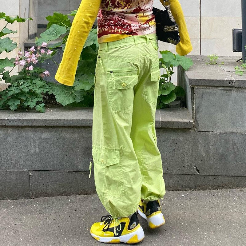 Green Cargo Pants Harajuku Low Waist Baggy Trousers Women Casual Joggers Sweatpants Big Pockets Streetwear Y2K Clothes 2022 New