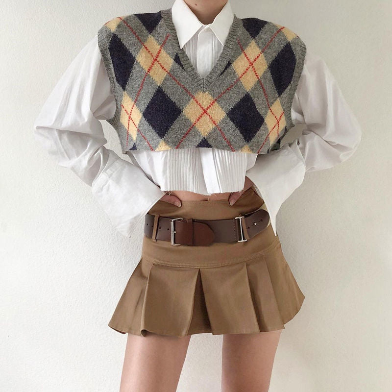 HOUZHOU Vintage Pleated Skirts with Sashes High Waist Preppy Style Mini Skirts Cyber Y2k Streetwear Summer Clothes for Women