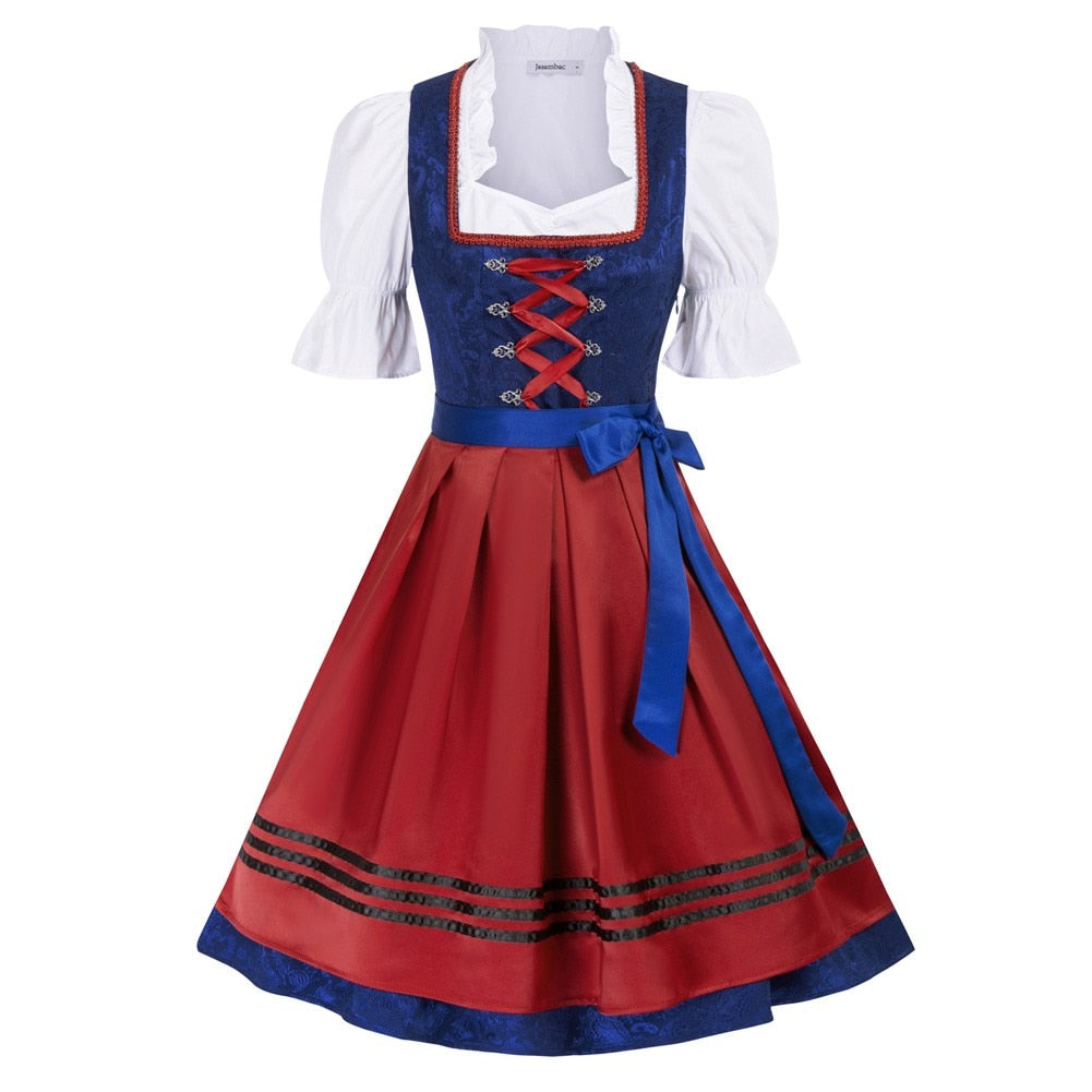 Jasambac Dresses Women Retro 3pcs Set German Bavarian Oktoberfest Costumes Tops+Dress+Apron Gothic Maid Outfit Summer Dress