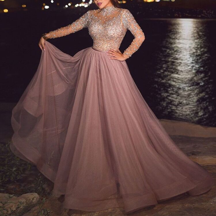 Lizakosht Evening Party Dress Women Sequin Long Sleeve Elegant Summer New Empire Big Swing Mesh Floor-Length Dresses Maxi Vestido De Mujer