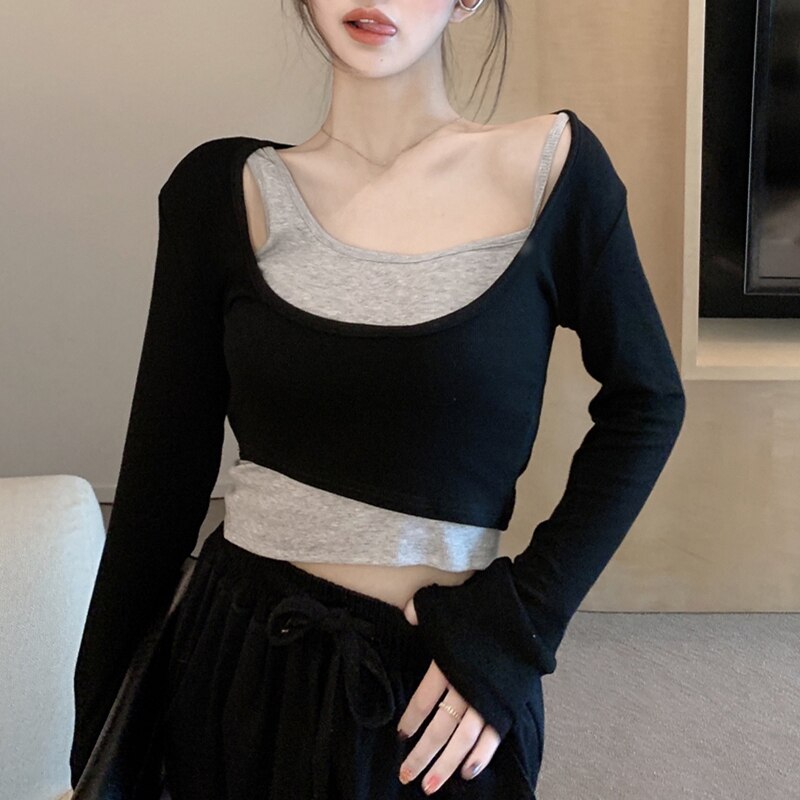 T-shirt Women's Irregular Short Slim Long Sleeve Bottoming Shirt 2022 Spring New Tights Two-piece Suit