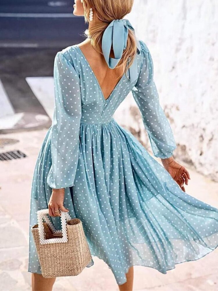 Spring Elegant O-Neck Long Sleeve Midi Dress Elegant Casual Dot Printed Pleat Dress Women Office Commute Backless Zipper Dresses