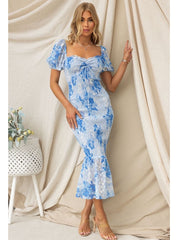 Lizakosht Printed Dots Smocking Bodycon Midi Summer Beach Dress for Women 2023 Puff Sleeve Blue Elegant Long Beach Party Vestidos