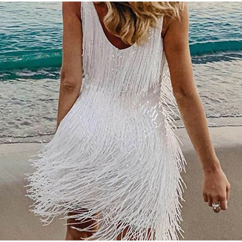 Tassel V Neck Spaghetti Strap Mini Dress Women Summer Sexy Bronzing Evening Dresses Lady Elegant Sleeveless Zipper Vestido