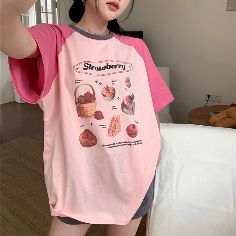 Lizakosht Color Block Raglan Sleeve Strawberry Cute T Shirts Loose Oversized Fashion Tops Summer Cotton Kawaii Tee Korean Harajuku Couples