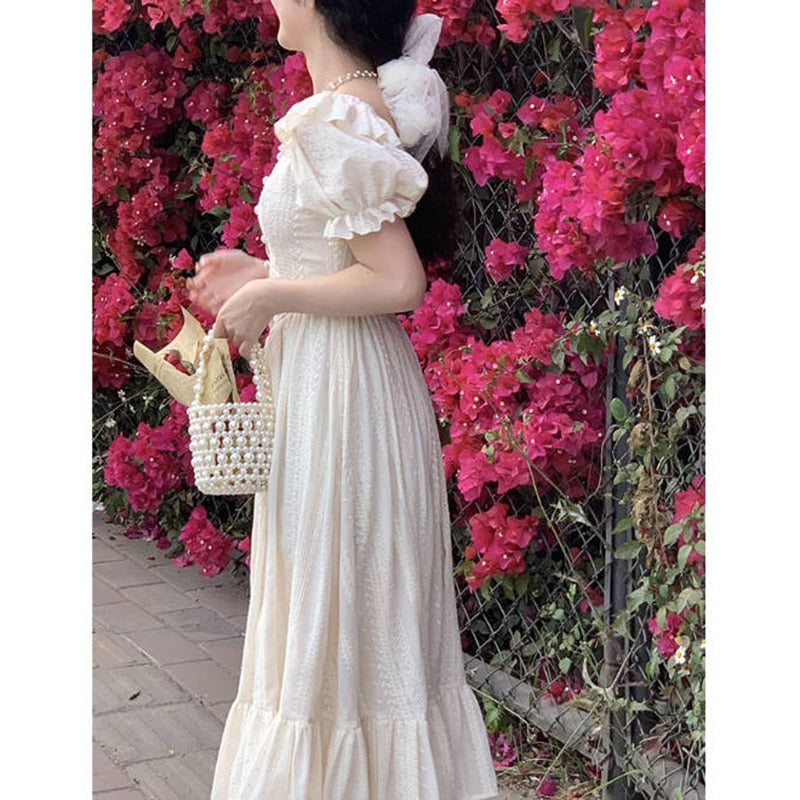 Lizakosht Elegant Square Collar White Dress Summer Fashion Puff Sleeve Ruffle Dress for Women Chic Vintage Maxi Dresses New