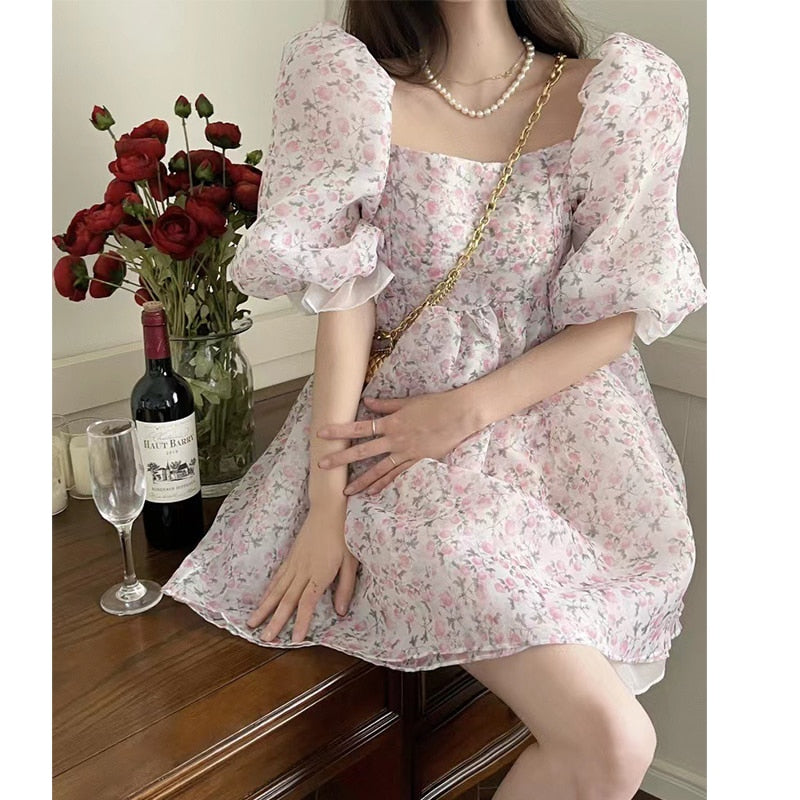 Summer Women Dress Both-Sides Wear Floral Print Chiffon Organza Dress Sexy Square Neck Puff Sleeve Party Prom Skirt Short Sweet