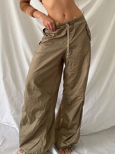 Lizakosht Fashion Khaki Low Rise Cargo Pants Vintage Baggy Wide Leg Tr