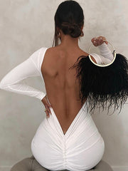 Lizakosht Women Backless Sexy Long Dress White Long Sleeve Ruched Bodycon Autumn Dresses Elegant Ladies Party Wedding Dresses