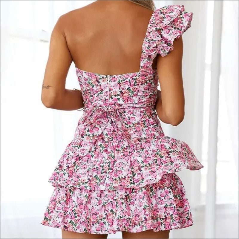 Lizakosht Autumn Summer Sexy Corset Party Dress for Women Elegant V Neck High Waist Floral Print Ruffle Bohemian Dress Night Clubwear